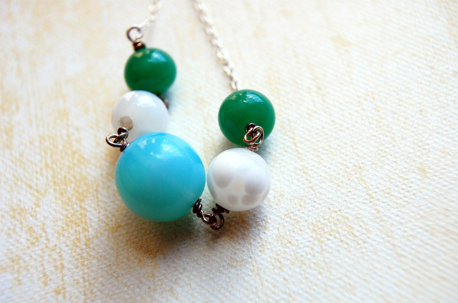 Aqua green white spotted vintage glass necklace. Spring. One of a kind