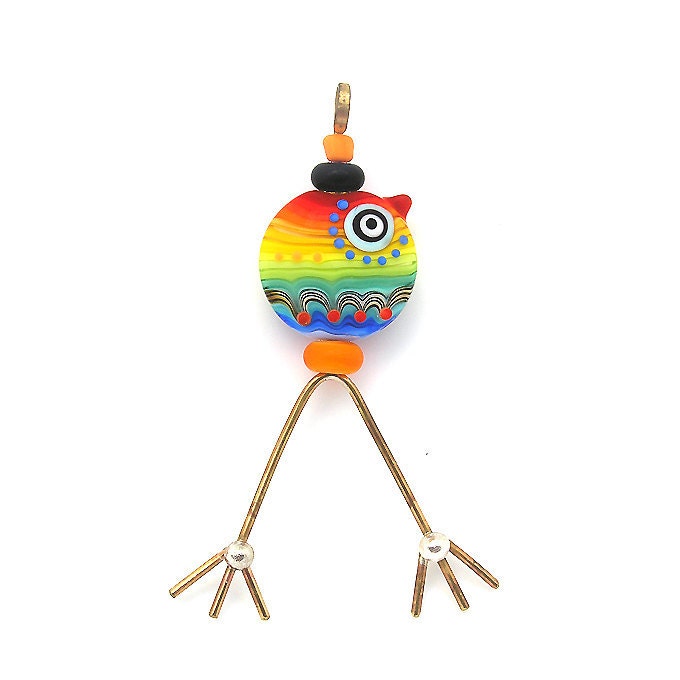 Happy Bird- glass lampwork pendant with brass and silver.Free Worldwide shipping