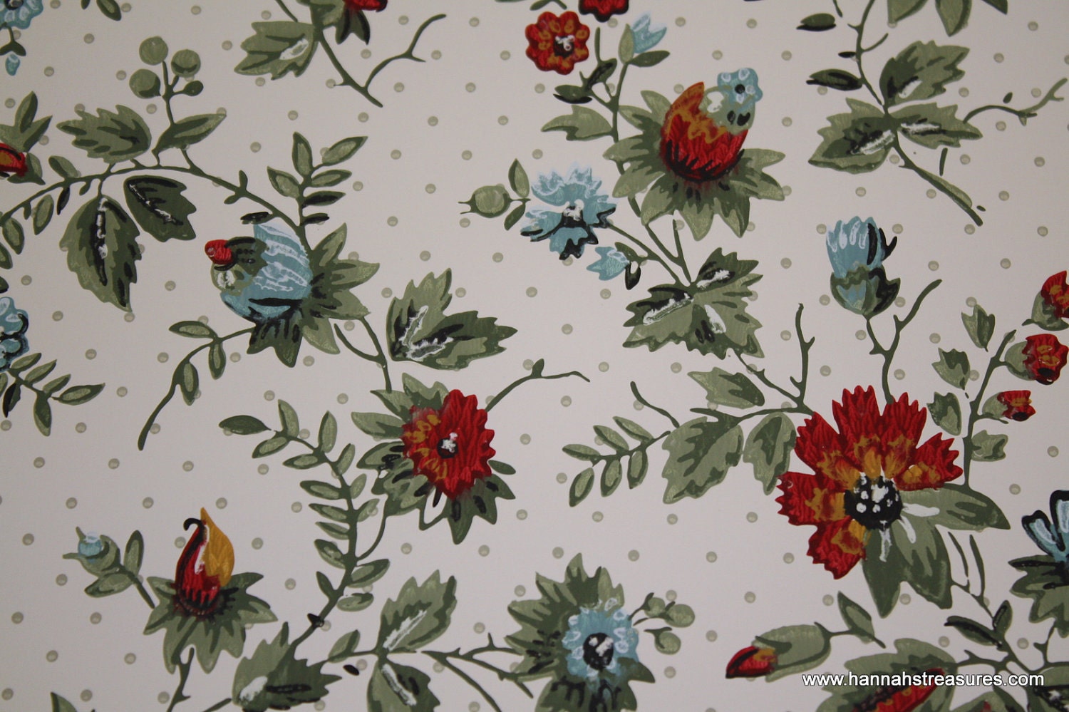 1940's Vintage Wallpaper small floral deep red and dark greens