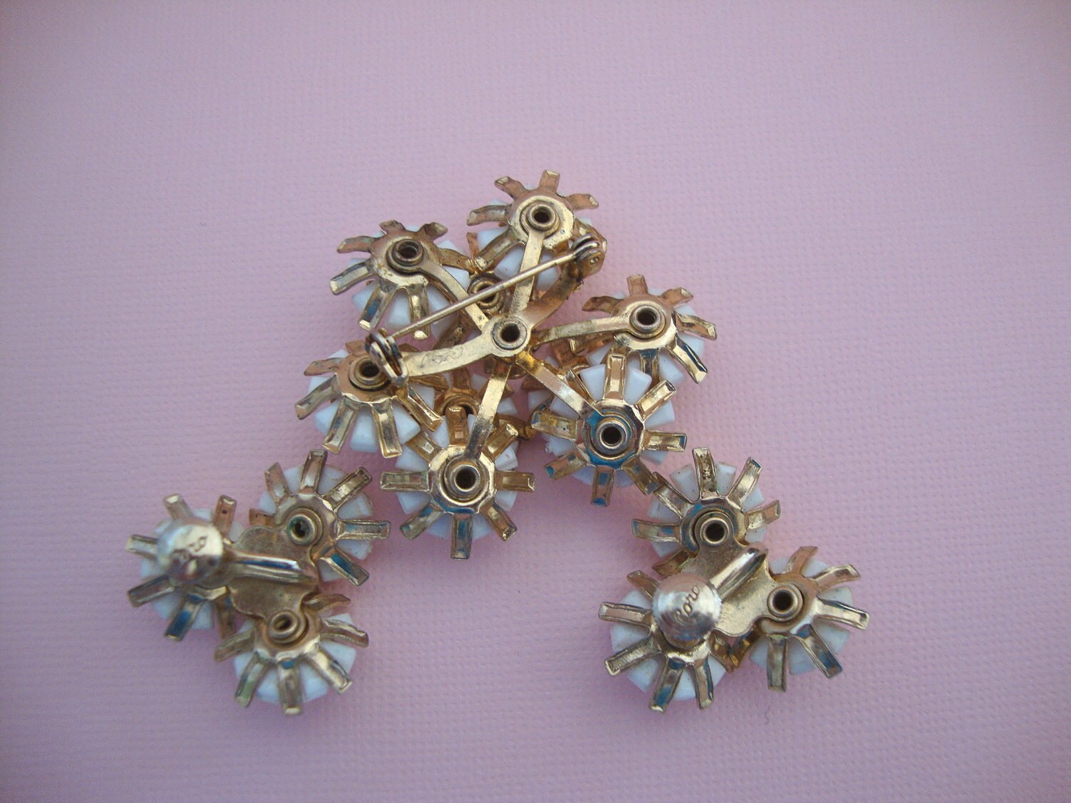Coro Demi Parure - White Enamel n Rhinestone Brooch and Earrings