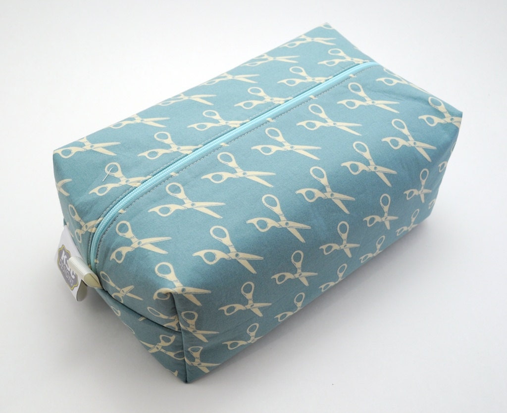 Large Box Bag, Cosmetic Case or Project Bag - Blue Momo Wonderland Scissor and Dot Fabric