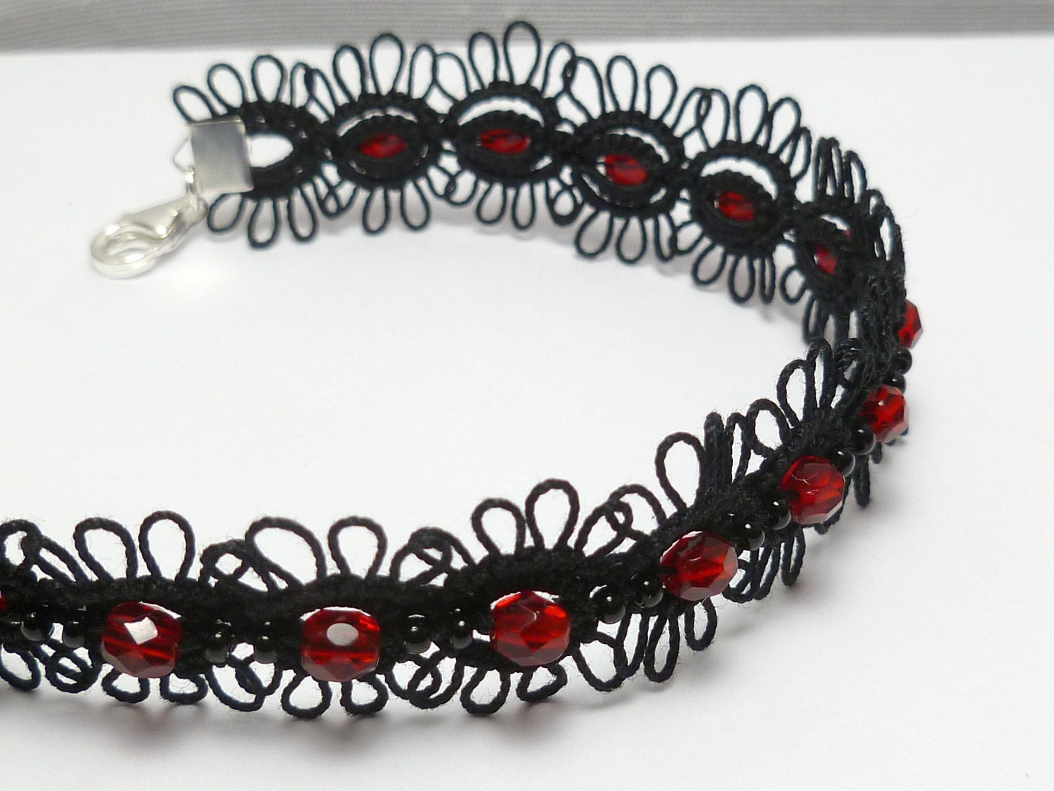 Tatted Lace Bracelet with Red Czech crystals -Frilly Simplicity