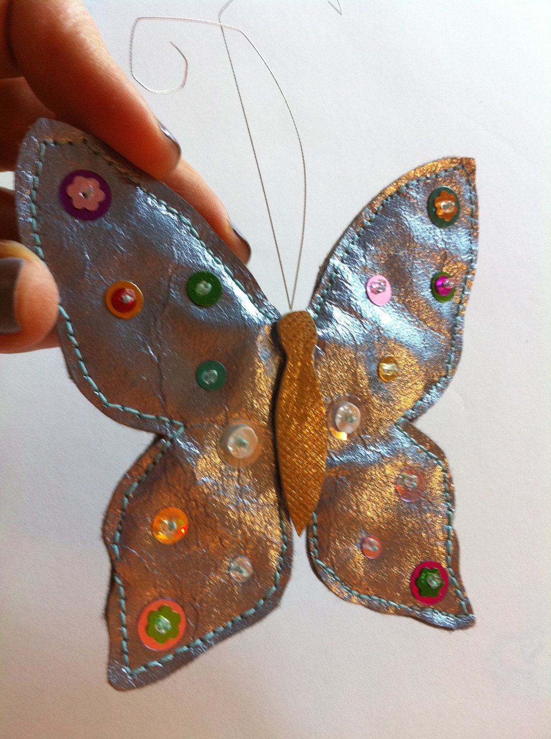 Metallic Leather Butterfly Brooch