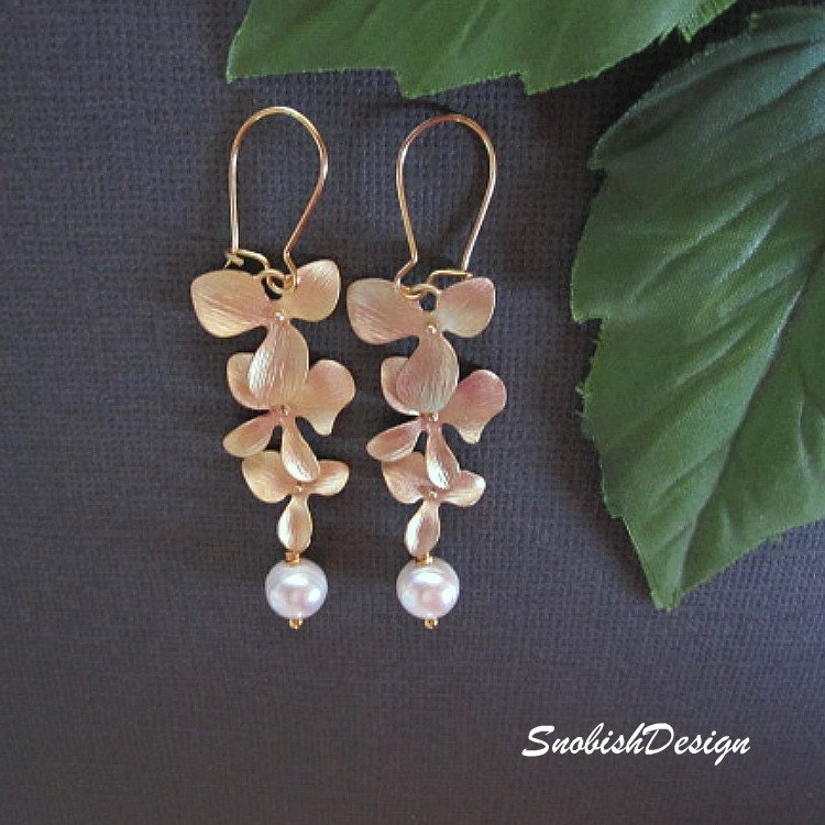 Drop Earrings  Orchid Flower Earrings  Pearl  by SnobishDesign