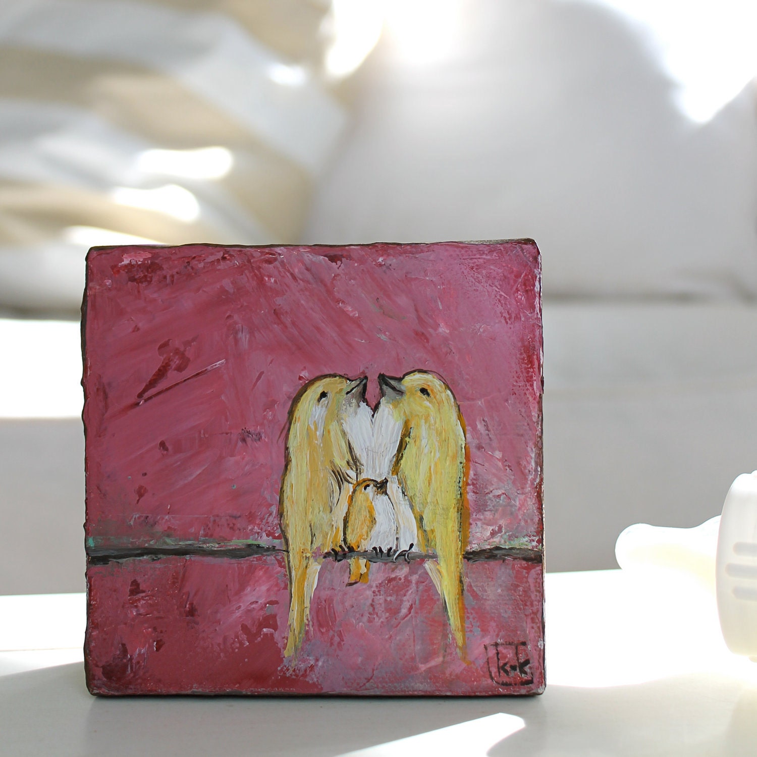 Our Cherry Kool-Aid Sky (4x4 original painting lovebirds and baby bird on a wire)