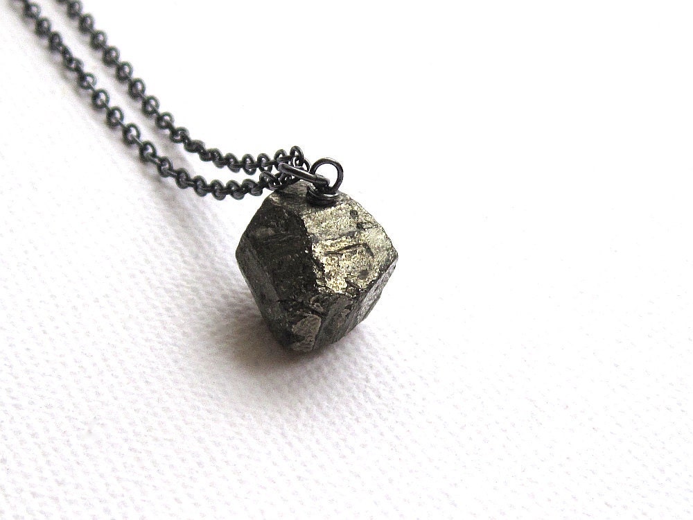 Pyrite necklace, Natural golden pyrite Fool's gold nugget Oxidized sterling silver