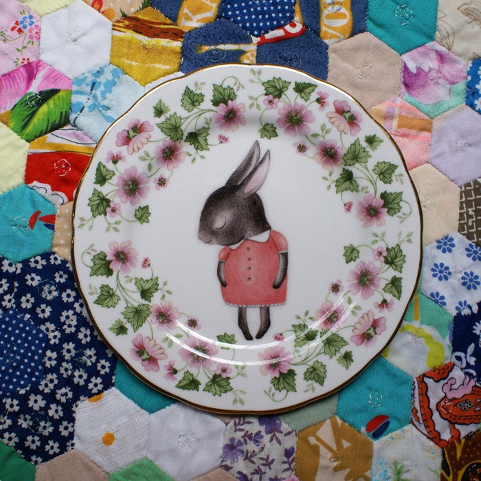 Pink Shy Bunny with Pink Floral Edge Vintage Illustrated Plate