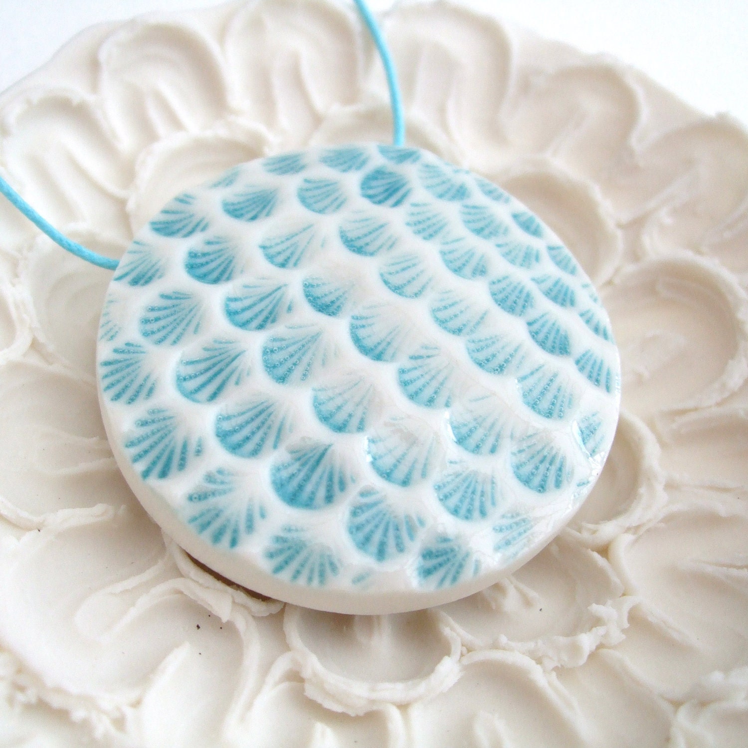 Porcelain Disk Pendant - Turquoise and White Gloss - Mermaid Scales