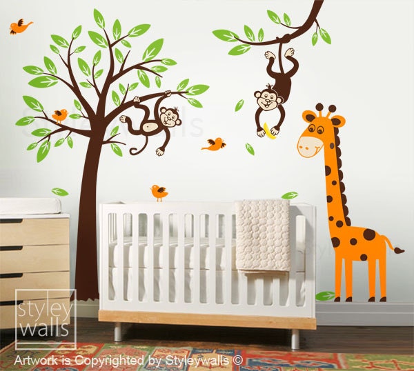 Monkeys and Giraffe Tree Branch and Birds HUGE Set  - Nursery Playroom Vinyl Wall Decal