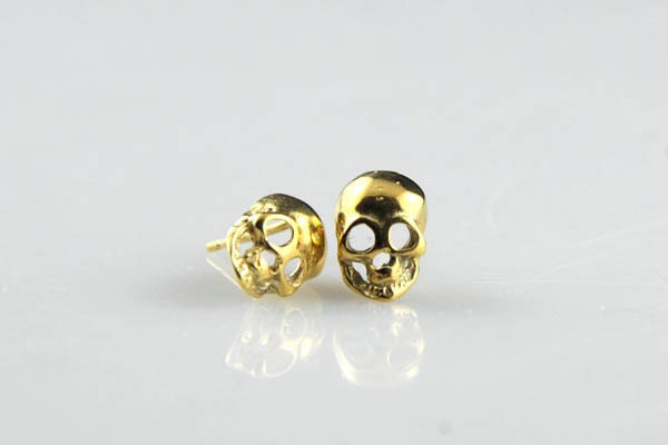 Gold Skull Post Earrings - Sterling Silver 24kt Gold Plated