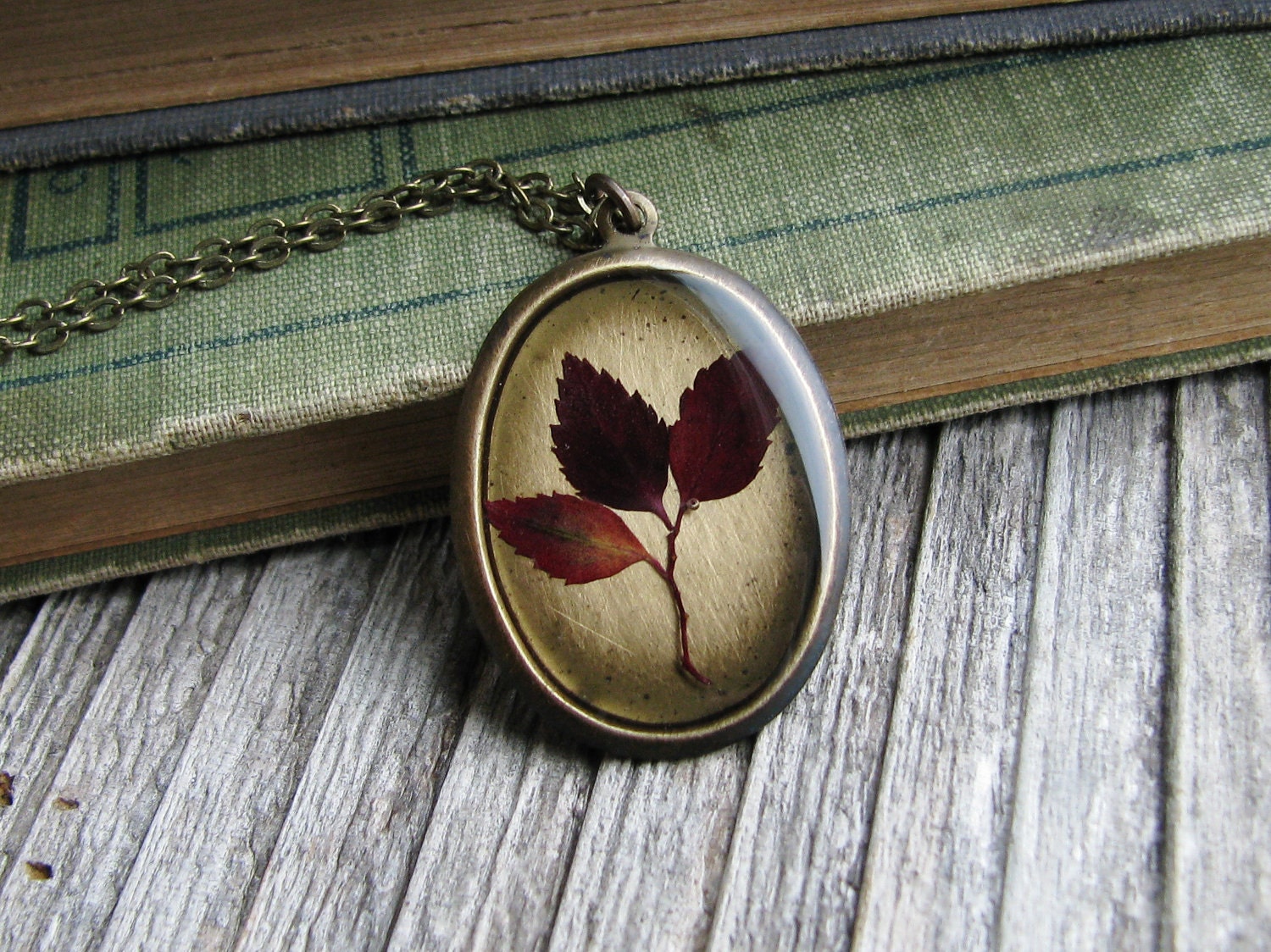 Pressed Leaf Necklace Botanical Jewelry Resin Red Burgandy Spirea Leaves Plant Oval Pendant Antique Brass Chain