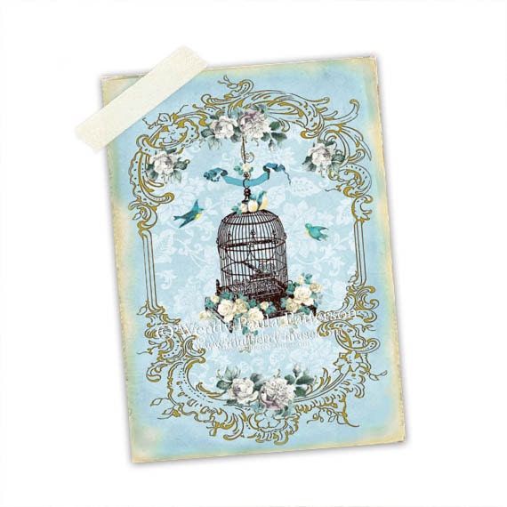 Vintage Bird Cage Paris in the Spring Shabby Distressed aged ACEO Art Print