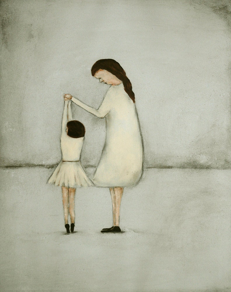 Mother daughter large print ballet art print 13" x 19" print creamy white and gray, Dance - Mae and Bebe