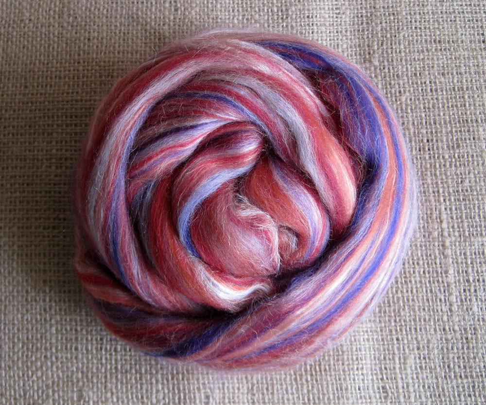 Supergirl - Merino Top Tussah Silk Spinning Felting Fiber - 2.4oz Red, Orange, White & Blue