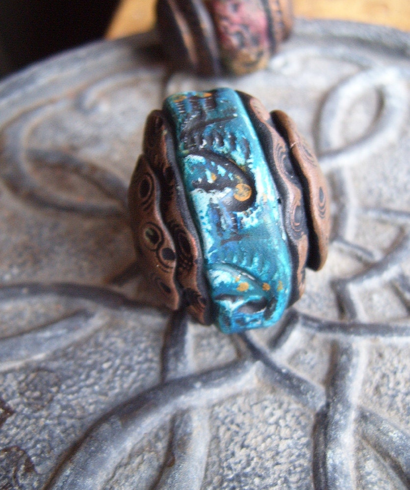 Pendant - Focal Bead in Peacock Blue with Antique Gold Caps