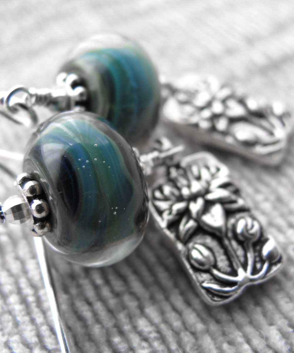 Silver Lotus Earrings with Blue Green Glass Lampwork Beads
