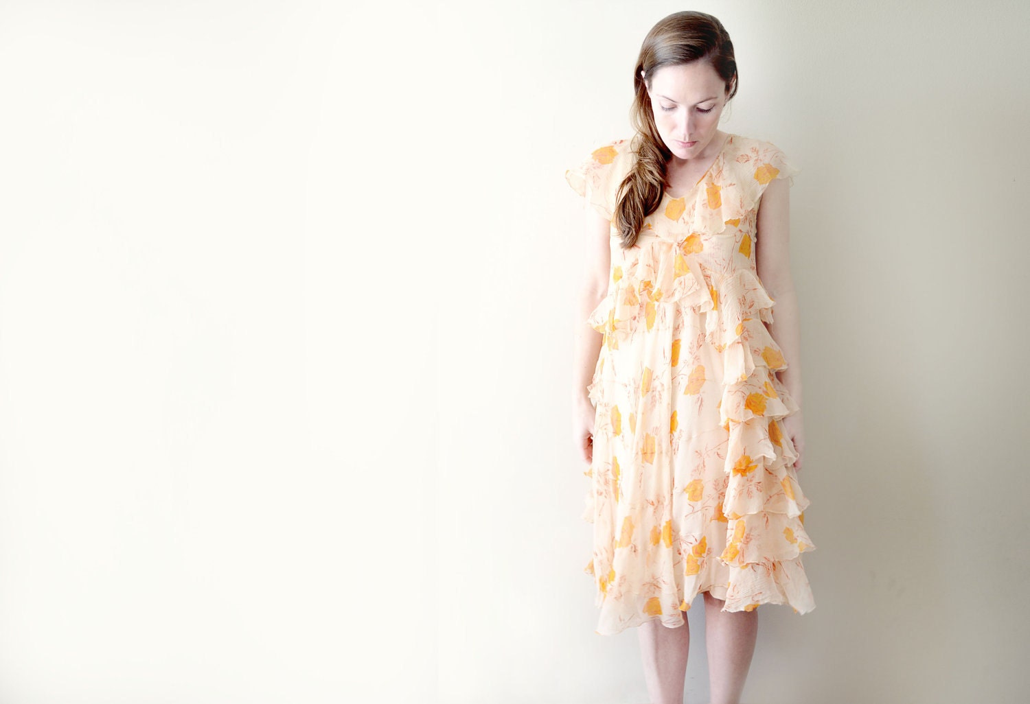 vintage 1920s dress - 20s silk chiffon dress / peach floral print