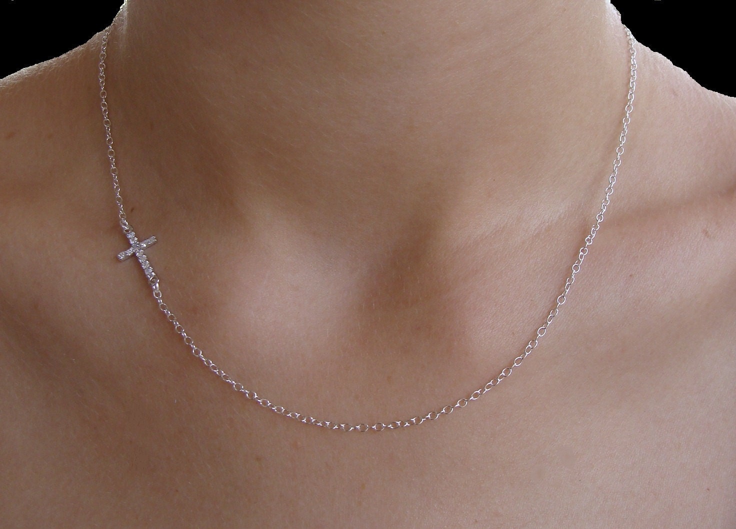 Sideways Cross Cz Necklace - Sterling Silver Cz Horizontal Cross - Kelly Ripa, Faith Jewelry, Gift, Bridesmaid Gifts, Mother's Day