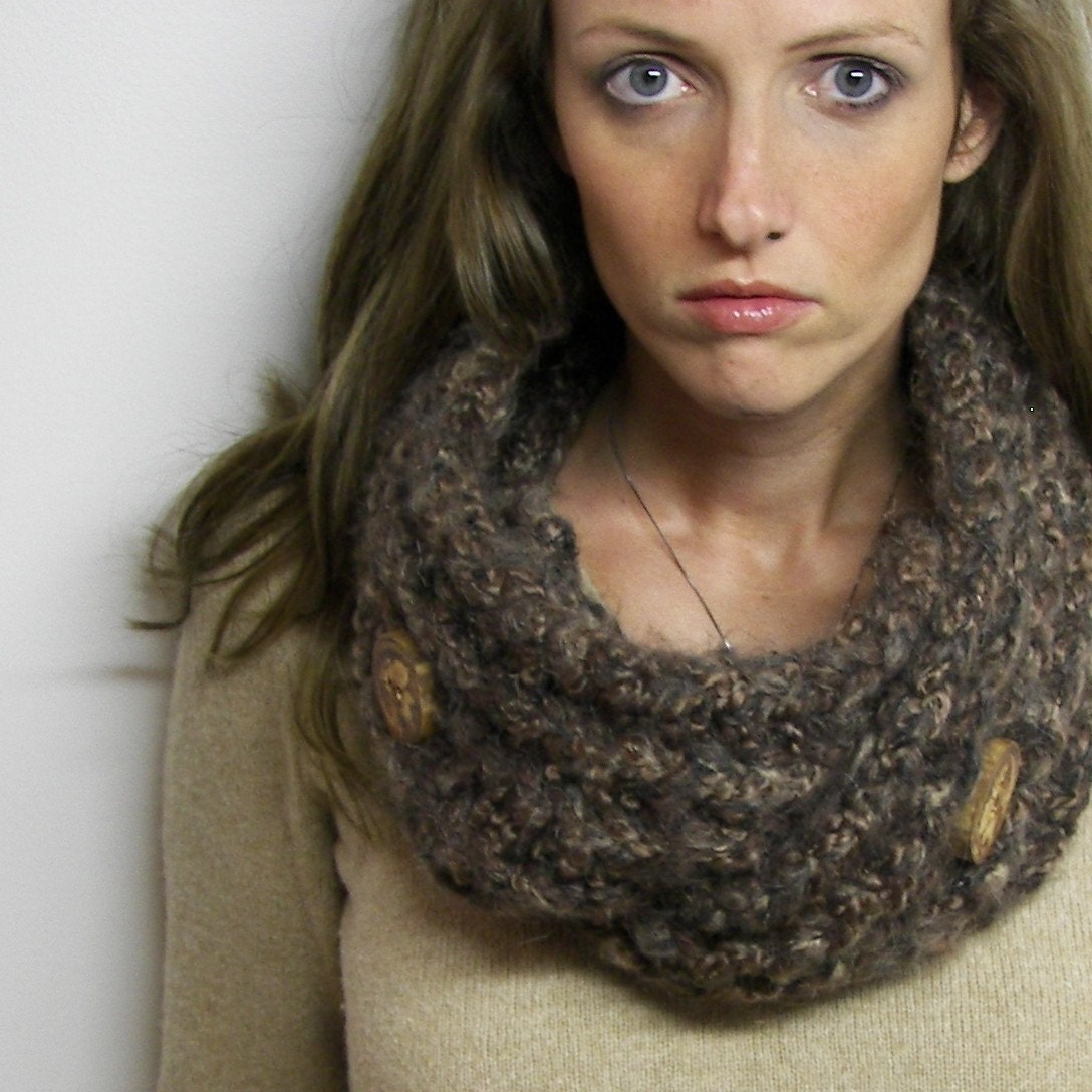 CLEARANCE SALE - 20% off everything - Earthy Brown Button Up Scarf - Cowl - Neckwarmer with Tree Branch Buttons