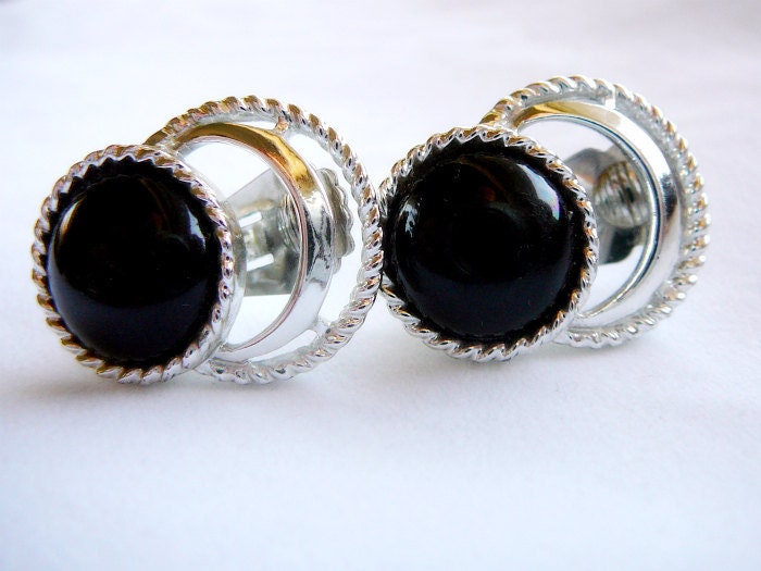 Sarah Coventry Black Cabochon Clip On Earrings . 1960s Vintage Roped Silver Jewelry