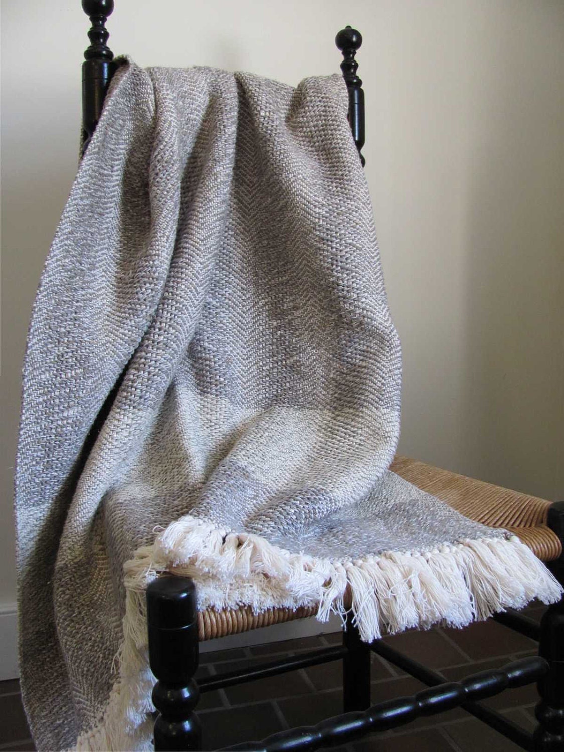 Gray Cotton Twill Hand Woven Blanket with Light Sage Borders for Rustic or Beach Cottage Home Decor