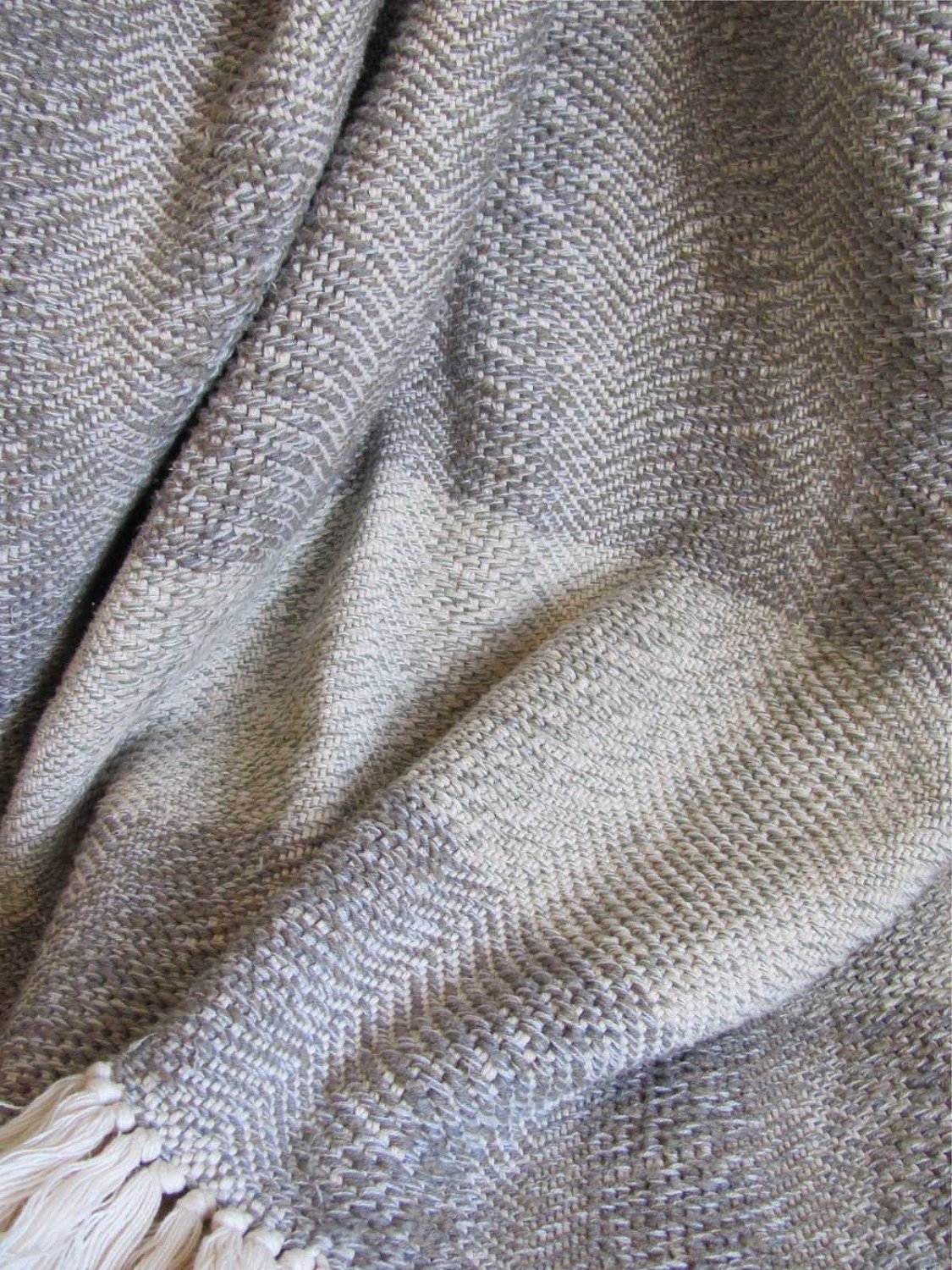 Gray Cotton Twill Hand Woven Blanket with Light Sage Borders for Rustic or Beach Cottage Home Decor