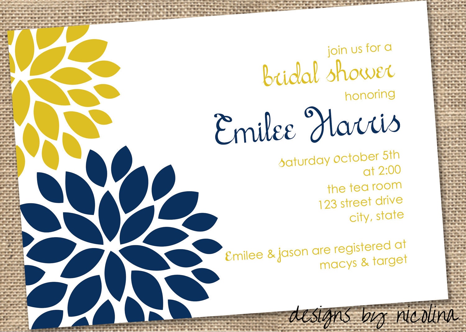 Simple Mustard and Navy Floral Bridal Shower PRINTABLE Invitations