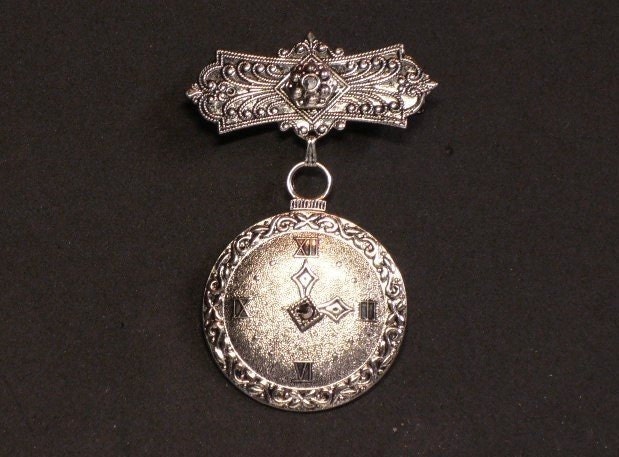 Hanging Clock Brooch w Marcasite in Intricate Design