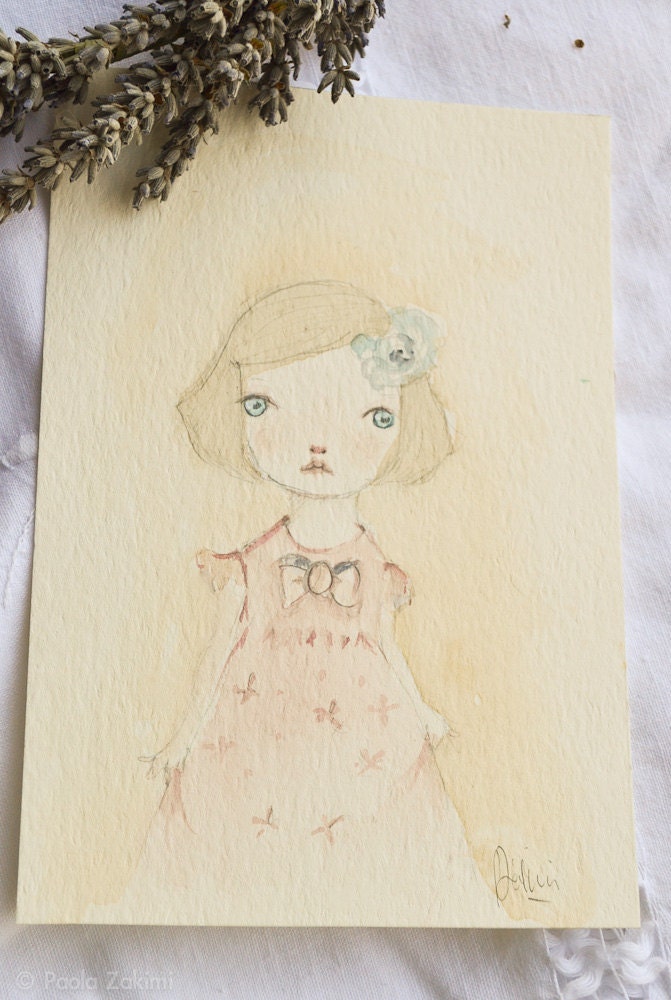 Little girl Portrait pink dress,  Original Watercolor