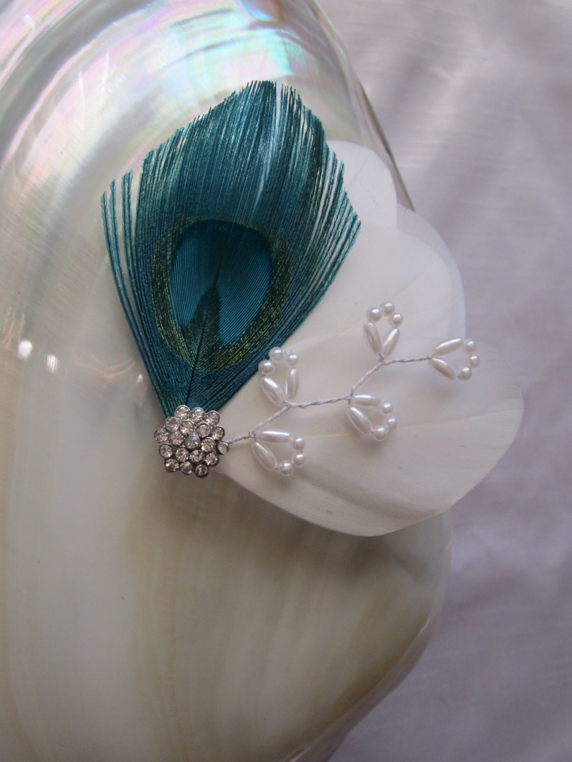 Teal peacock feather and Ivory goose feather hair fascinator, barrette, hair clip - free shipping