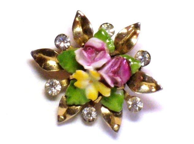 1940s Coro Brooch Porcelain Flowers with Rhinestones