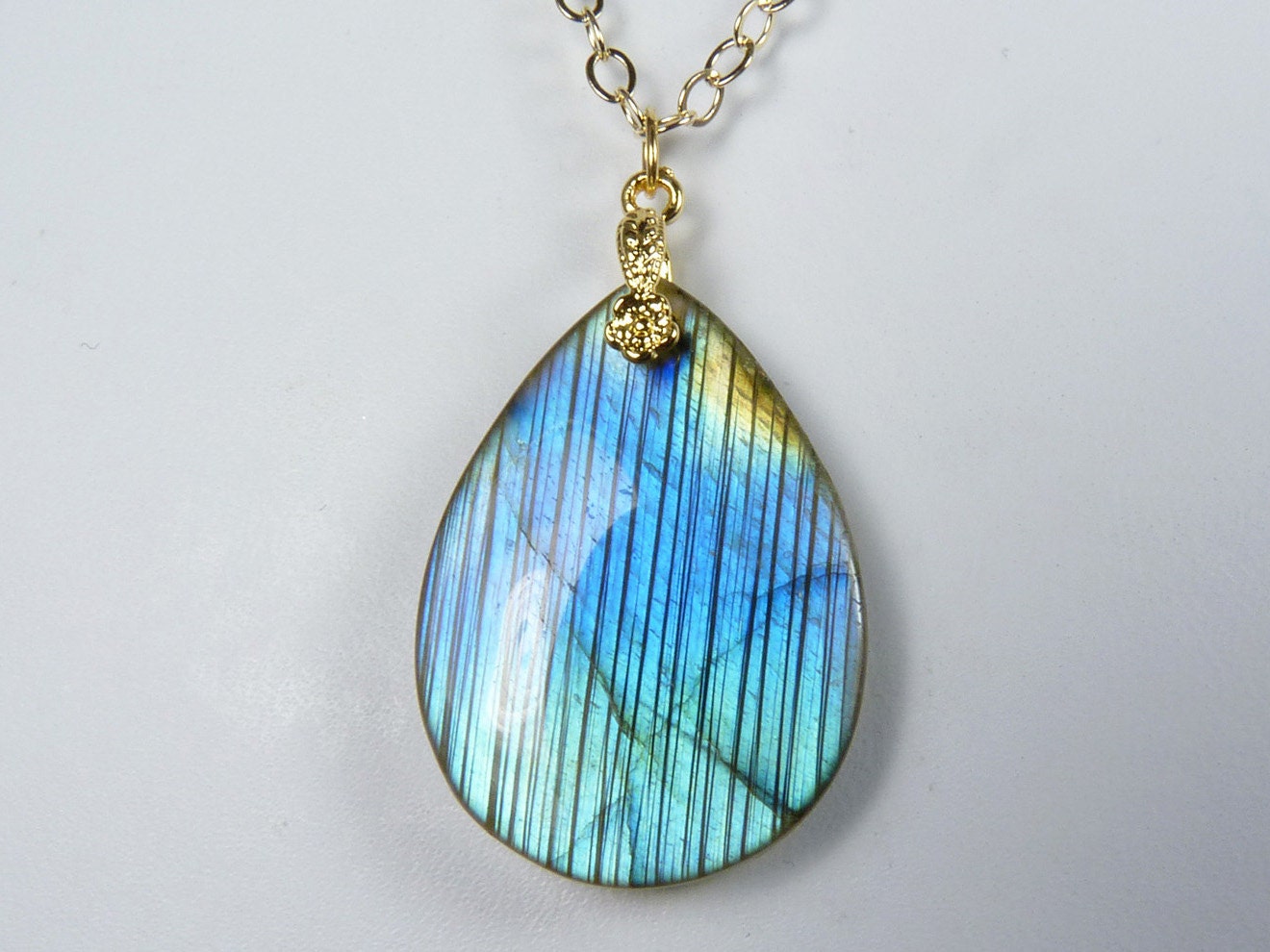 Labradorite Necklace, Labradorite Pendant with Glowing Blue, Aqua, and Gold Flash on a Gold Chain