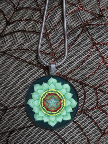 Lotus Jewelry Mandala Necklace Art Green Flower Lily Glass Pendant