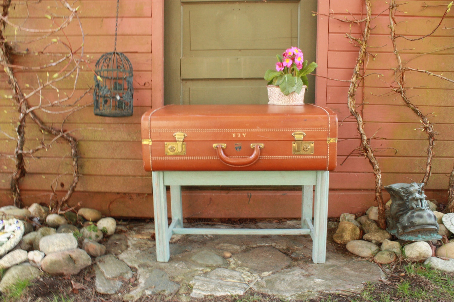 Lucky Luggage Suitcase Table - Brown and Rustic Blue- Shabby Chic Home Decor - Stylish Storage Area