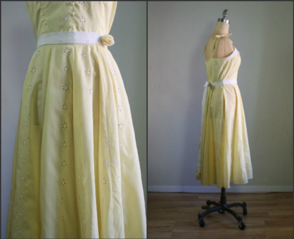 RESERVED  1970s pastel yellow eyelet lace sundress / 70s maxi / midi