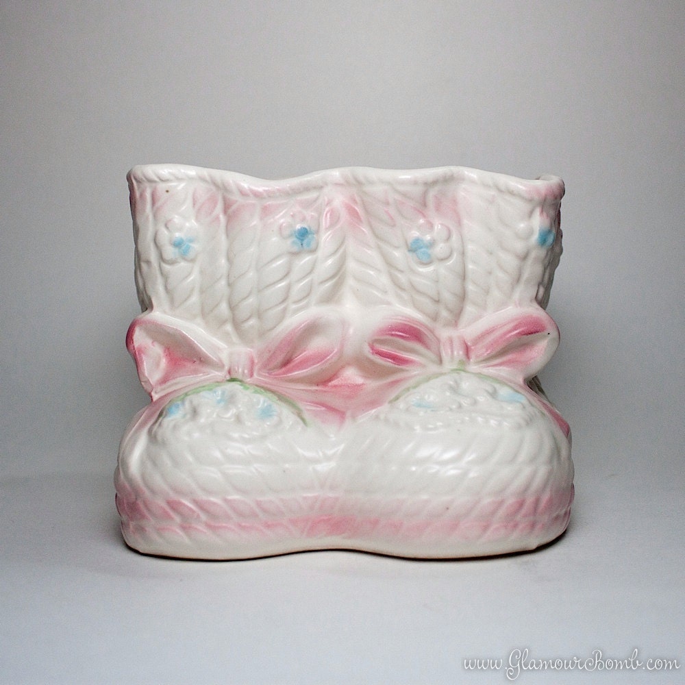 Vintage Relpo Pink Baby Girl Booties Planter Vase - 1352M - Made in Japan