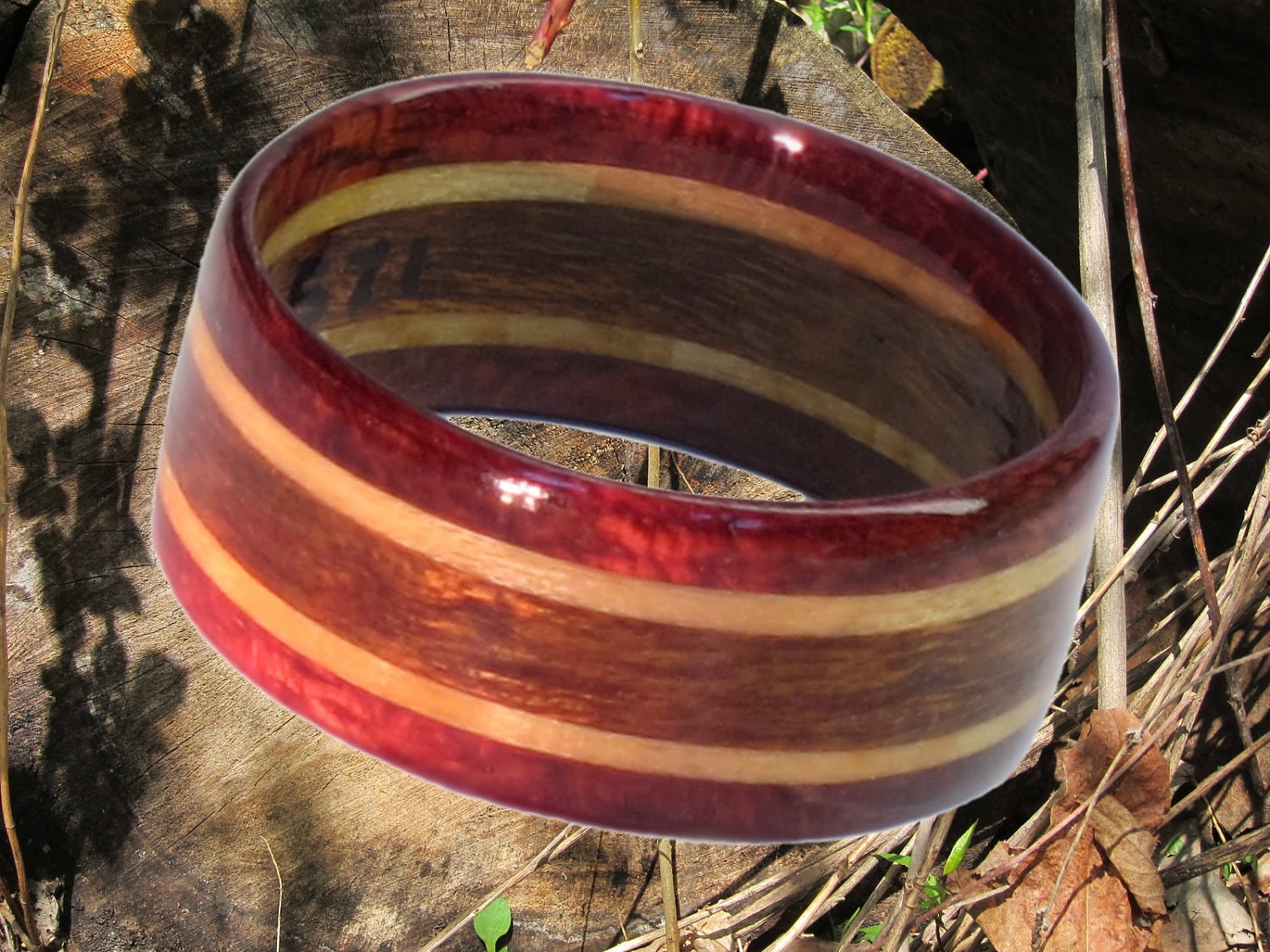Wooden ring, Purple Heart, Maple and Mahogany, size 12.5
