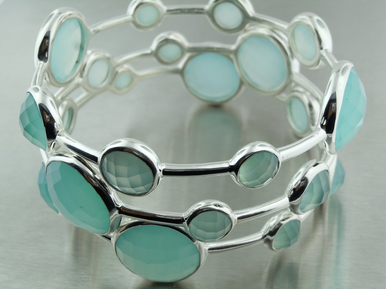 Seafoam Chalcedony Platinum Bubble Bangles
