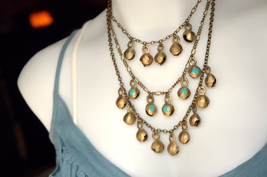 Bohemian and Rustic Bronze Bell Bib Necklace - The Nomad.