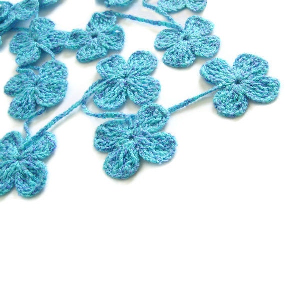 Crochet Scarf Aqua Blue Daisy Flower by AnatolianAccessories