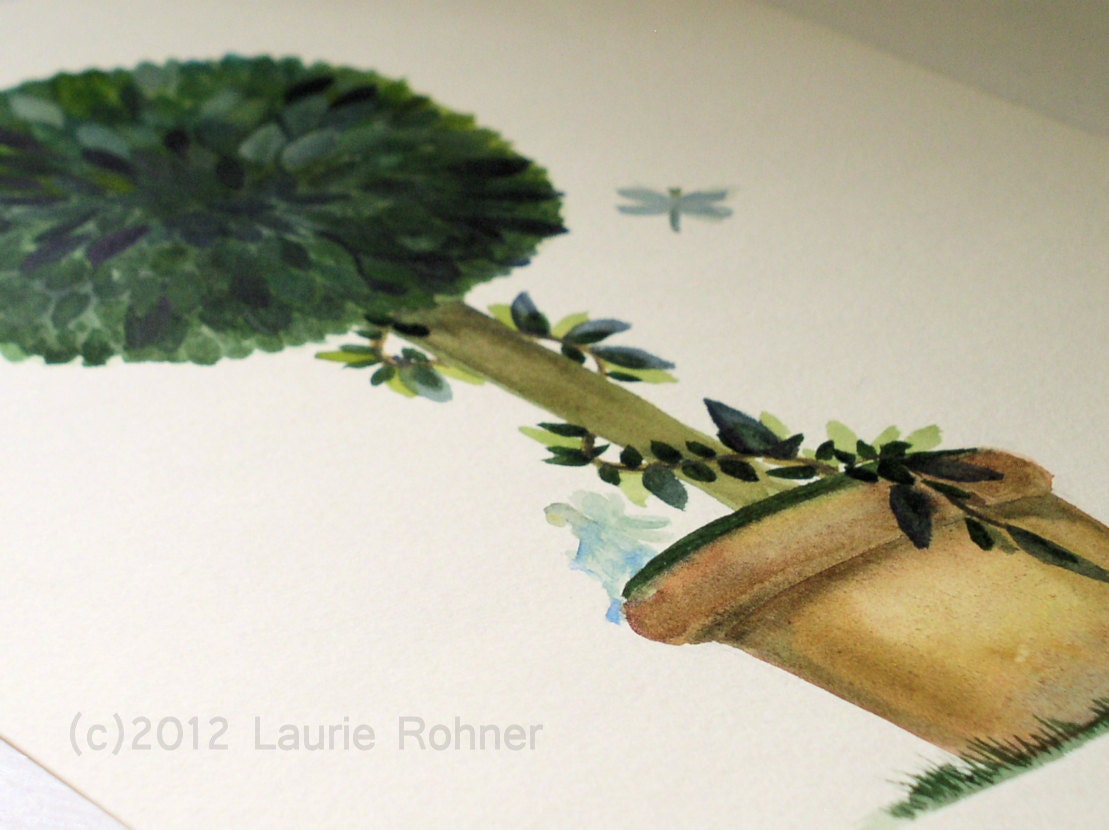 Cottage Garden Topiary Watercolor with Fairy Dragonfly