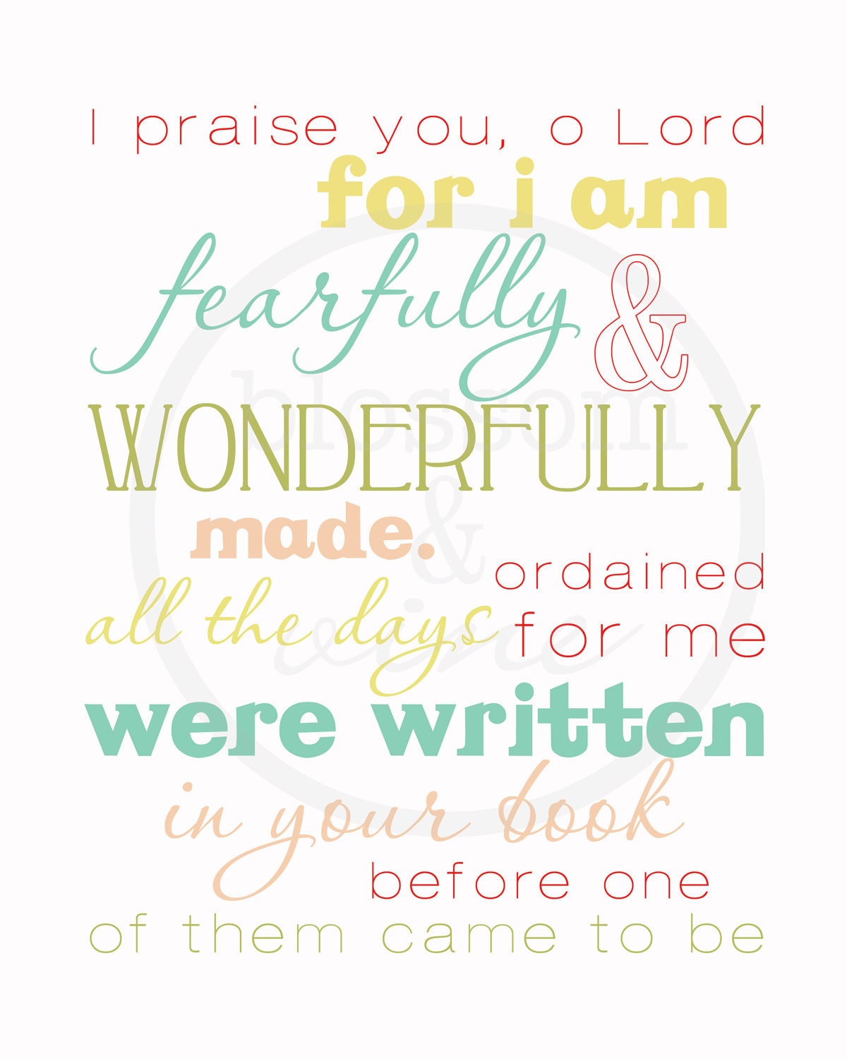 Wonderfully Made Psalm 139 Scripture Print -  aqua, red, green and yellow 8x10 bible verse wall art decor (no.5 "retro kitchen")