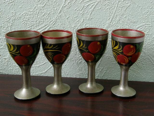 Russian Khokhloma hand painted wooden liqueur glasses by Design360Degrees from etsy.com