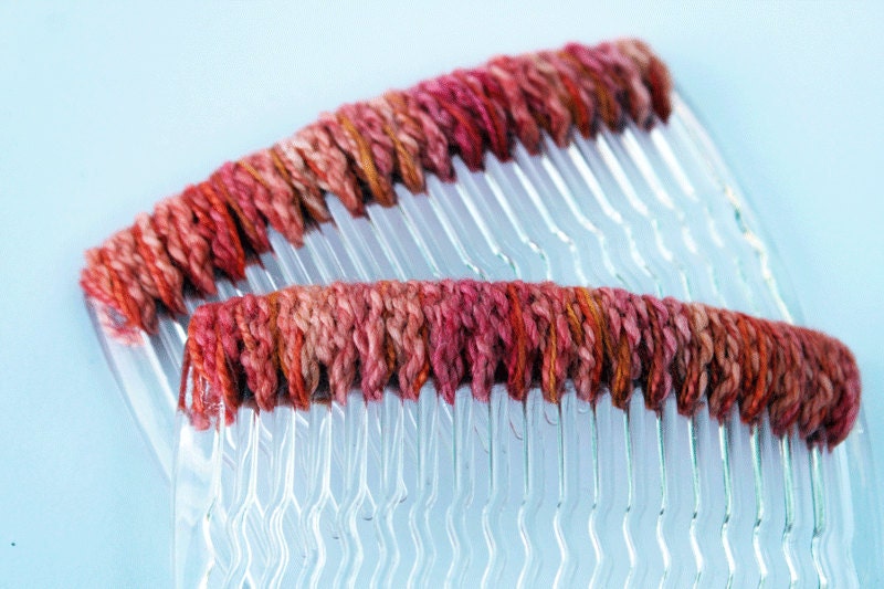 2 Peachy Pink Hair Combs -- Coral, Orange -- Free Shipping
