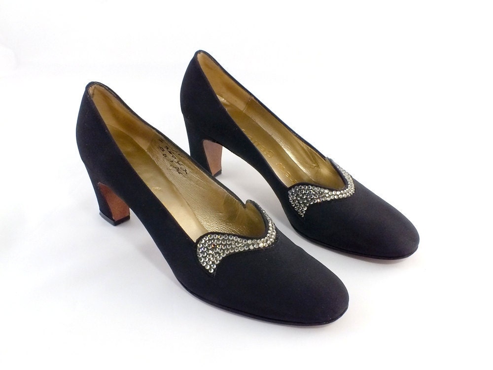 1960s Andrew Geller Black Bengaline and Rhinestone Shoes Size 5 1/2N
