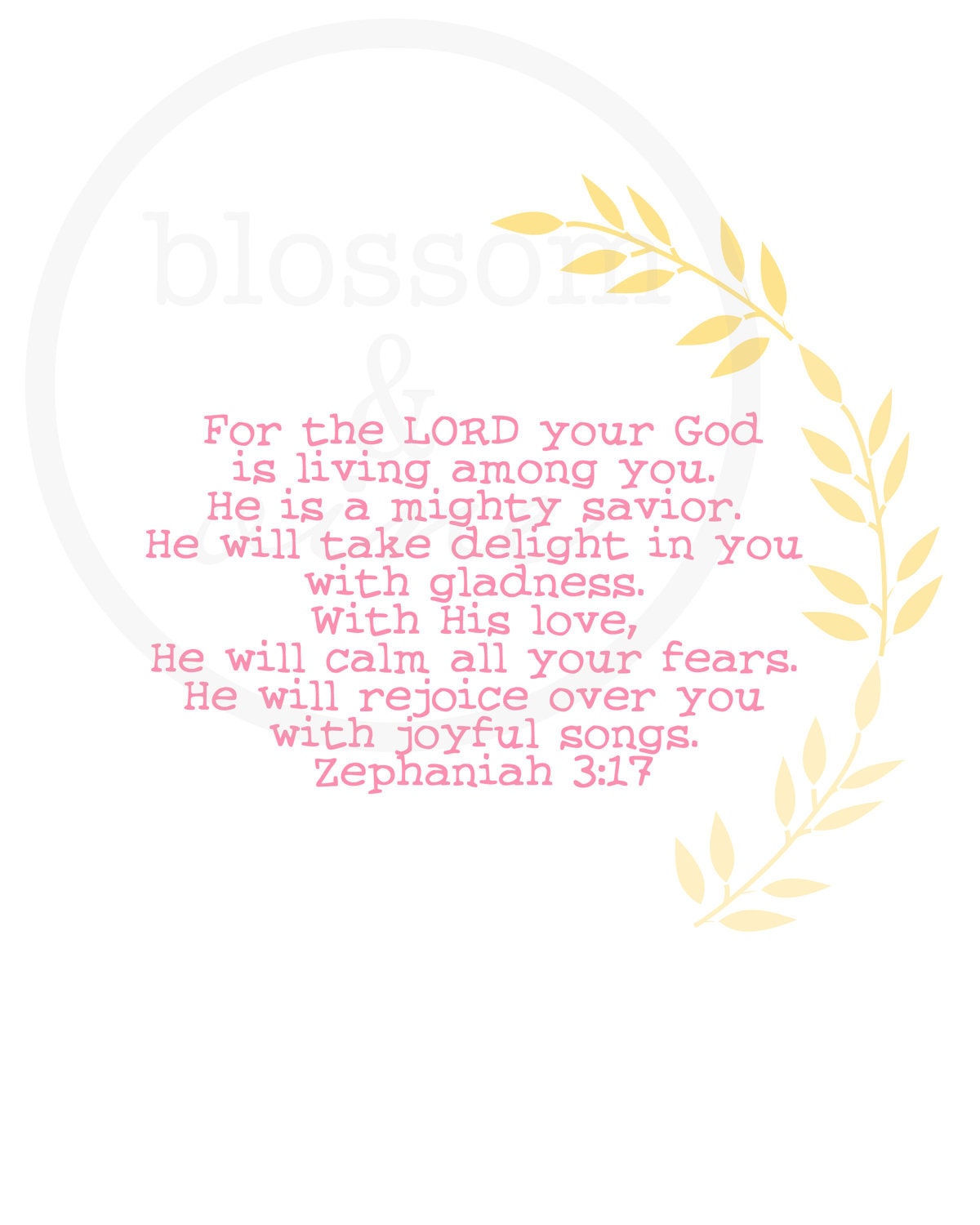 Mighty Savior, Zephaniah 3:17 Scripture Print - Pink & Yellow-  8x10 bible verse wall art decor