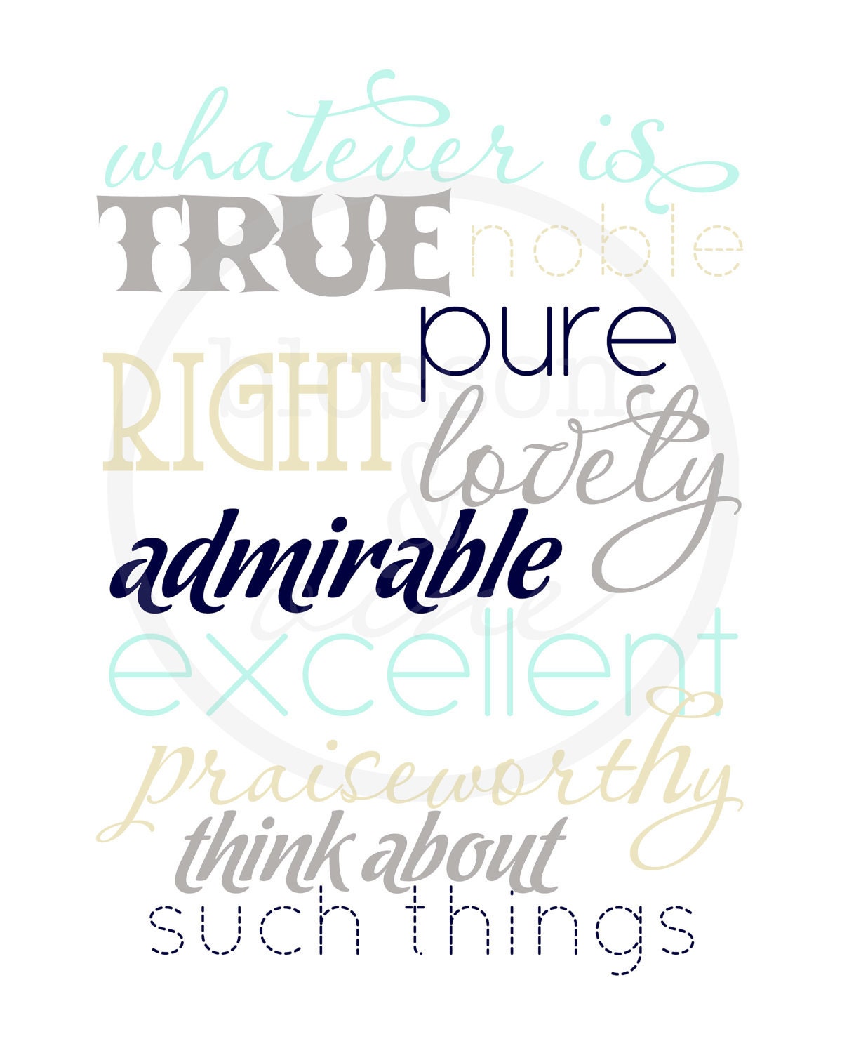 Whatever is True Philippians 4:8 Scripture Print - navy, gray and tan 8x10 bible verse wall art decor (no.12 "nautical")
