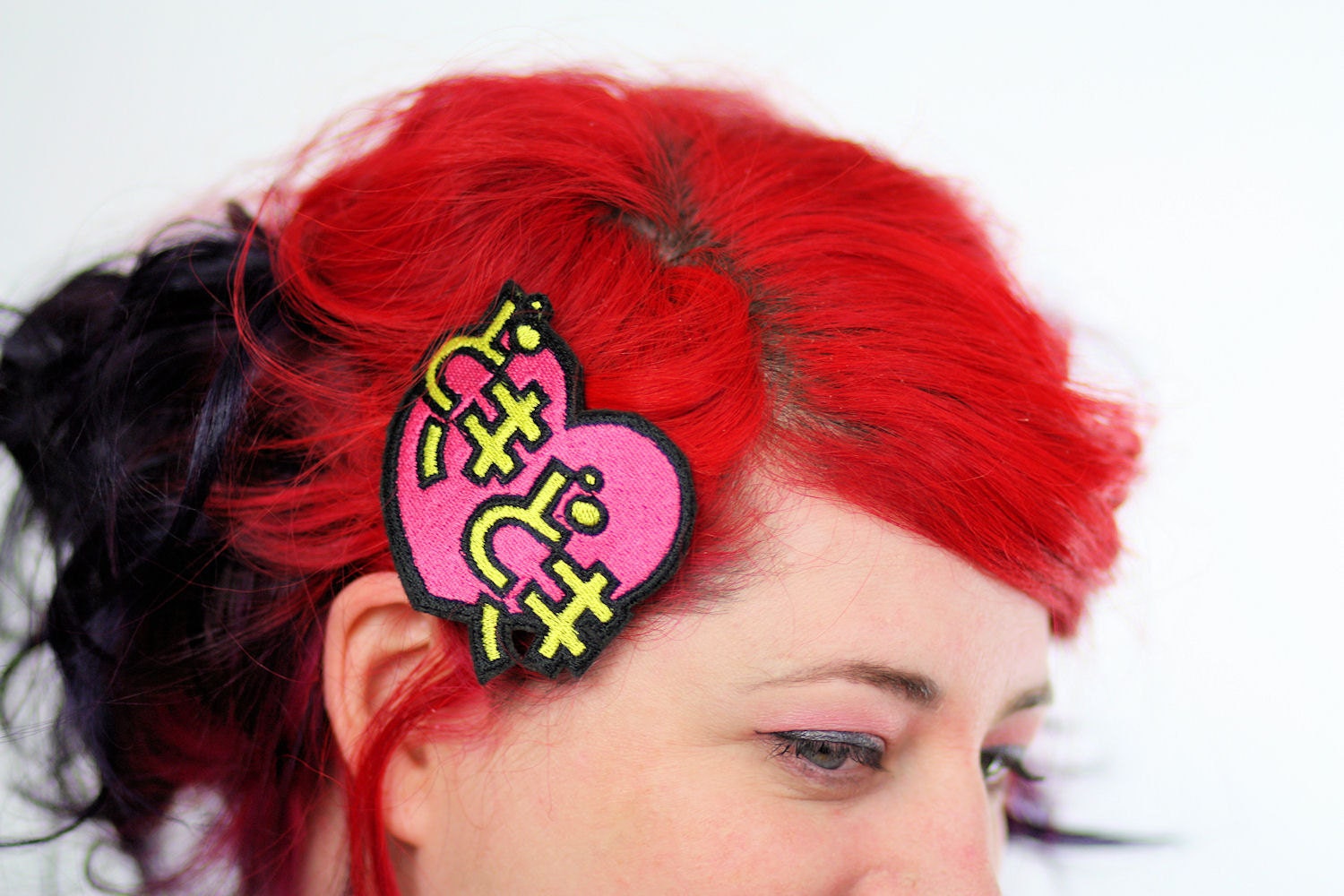 Doki Doki Hair Clip, Heart Beat, Japanese Kanji Barrette, Pink and Yellow, Heart
