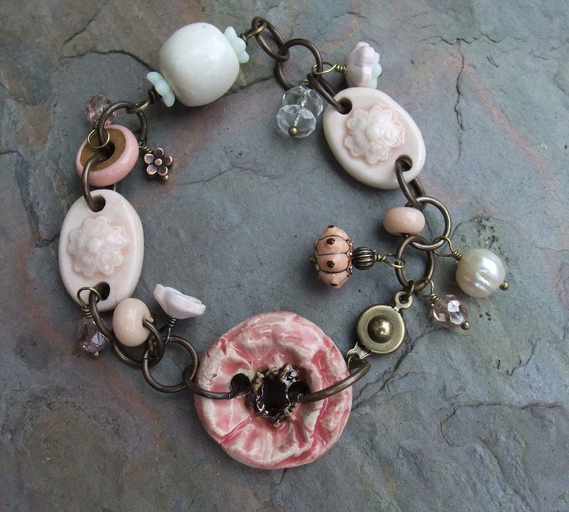 Poppy Bracelet, Pink Bracelet, Mixed-Media Bracelet, Handmade Bracelet, OOAK Bracelet, Clay Bracelet