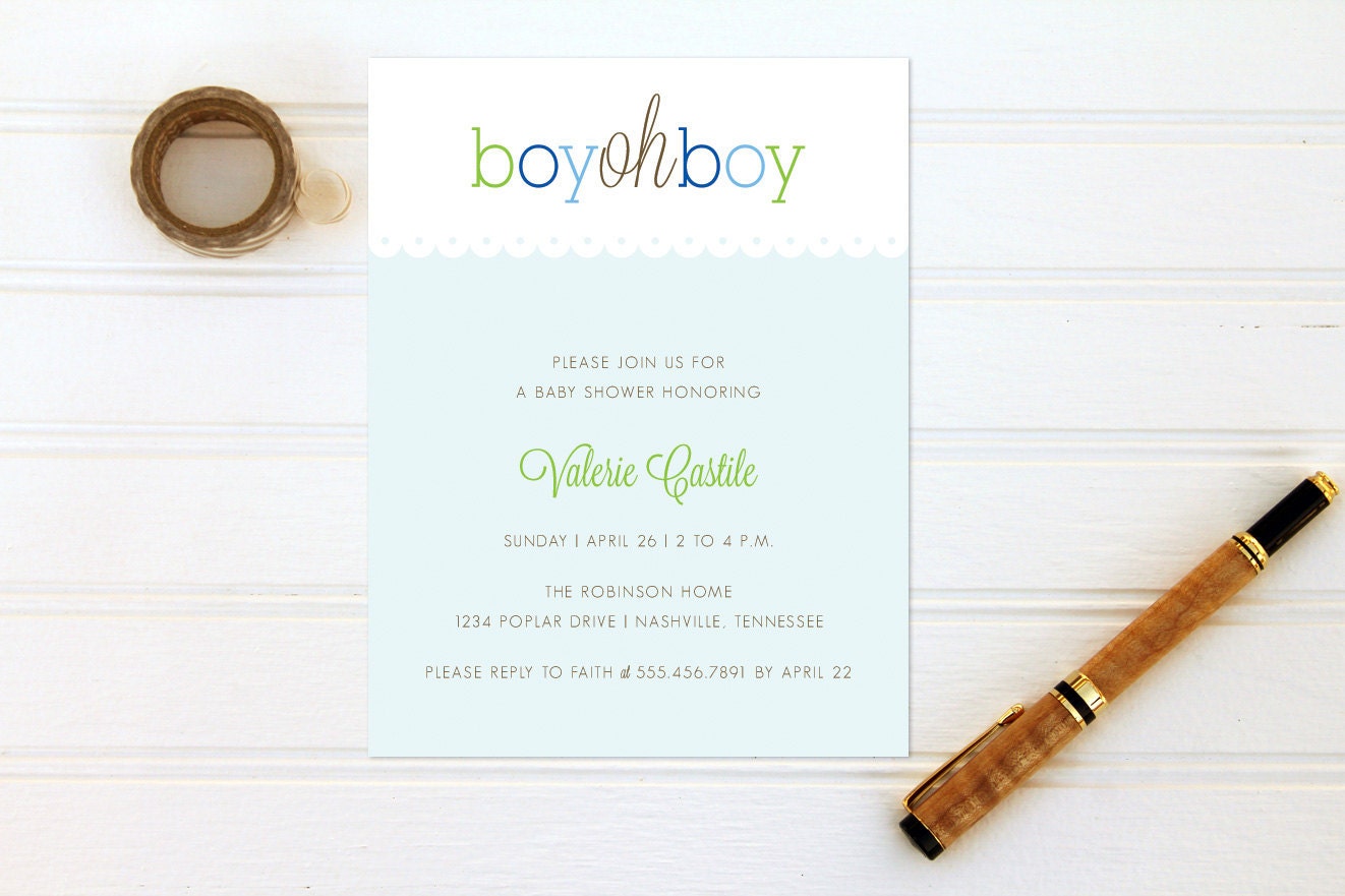 Boy oh Boy Baby Shower Invitations - Set of 12 Custom Invites - Blue, Lime Green, and Gray